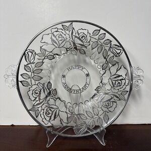 VTG Anniversary Sterling Silver Flowers Inlay Crystal Glass Footed  Platter